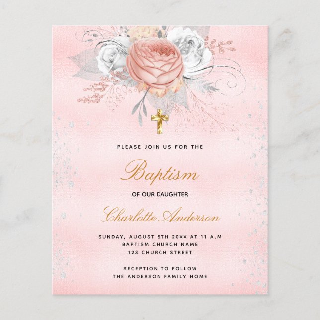 Papier Budget Baptême rose rose rose rose rose or floral  (Devant)