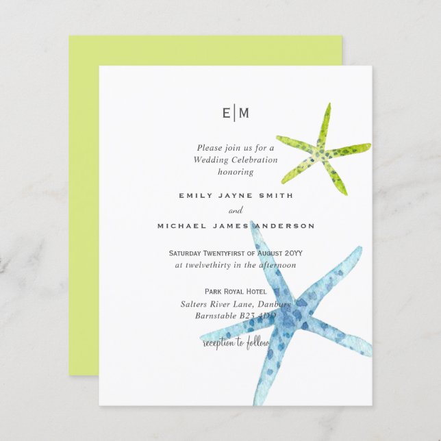 Papier Budget Beachy Life Blue Lime Mariage Invite (Devant / Derrière)