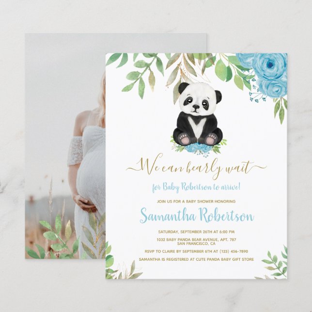 Papier Budget Bear Baby shower Bleu Photo Invitation (Devant / Derrière)