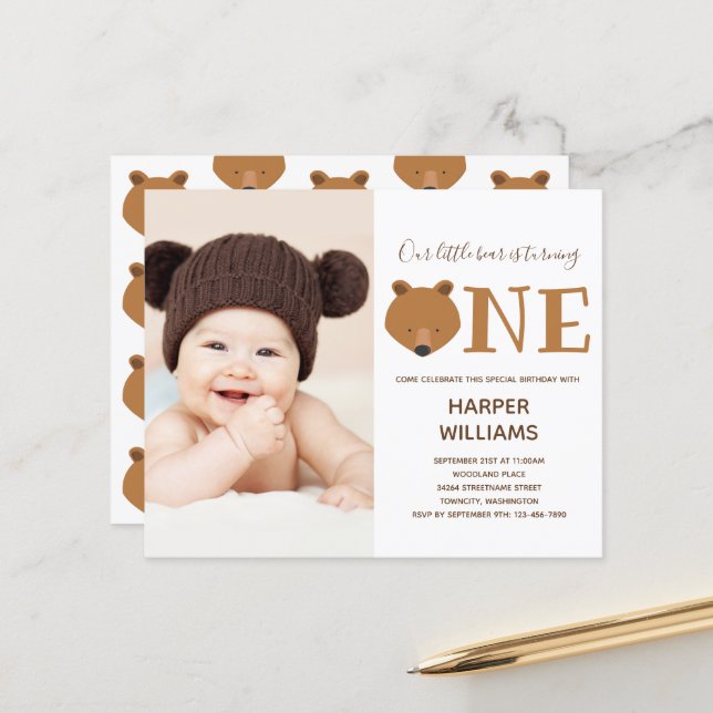 Papier Budget Bear Photo Baby First Birthday Invitation (Devant/Arrière en situation)