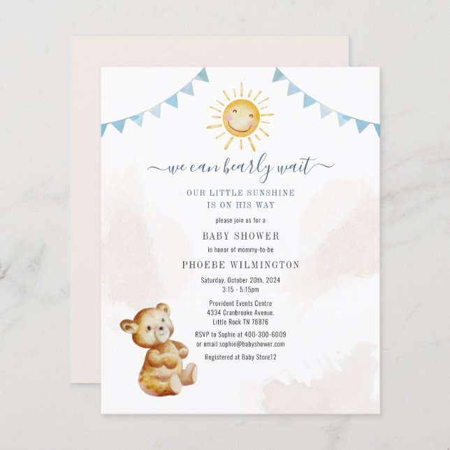 Papier Budget Bear Sunshine Boys Baby shower Invitation (Devant / Derrière)