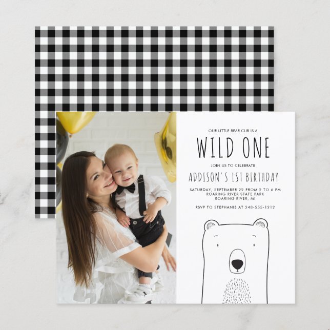 Papier Budget Bear Wild One Photo 1er Anniversaire Invita (Devant / Derrière)
