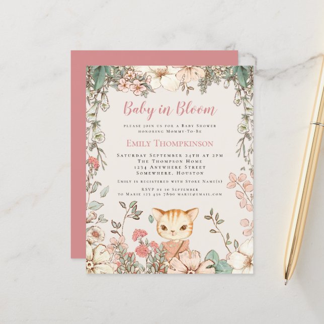 Papier Budget Bébé En Fleur Chat Fille Baby shower Invita (Devant/Arrière en situation)