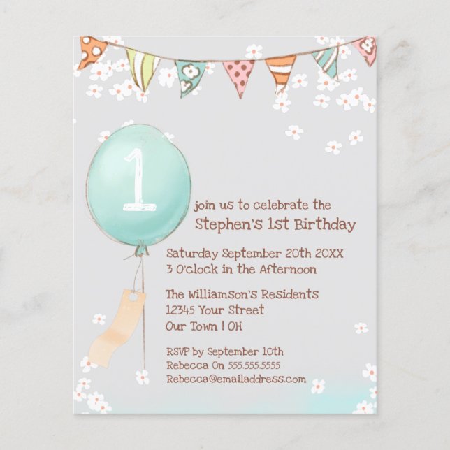 Papier Budget Bébés Ballons 1er Invitation anniversaire (Devant)