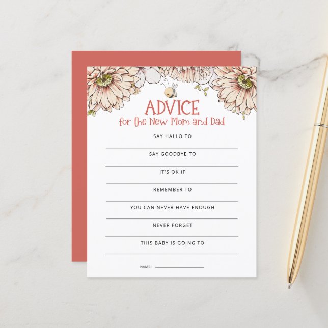 Papier Budget Bee Advice Maman pour Papa Baby shower jeu (Devant/Arrière en situation)