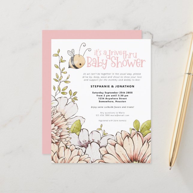 Papier Budget Bee Drive Thru Baby PInk Invitation de douc (Devant/Arrière en situation)
