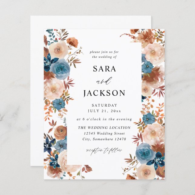 Papier Budget Beige & Dusty Blue Floral Mariage (Devant / Derrière)