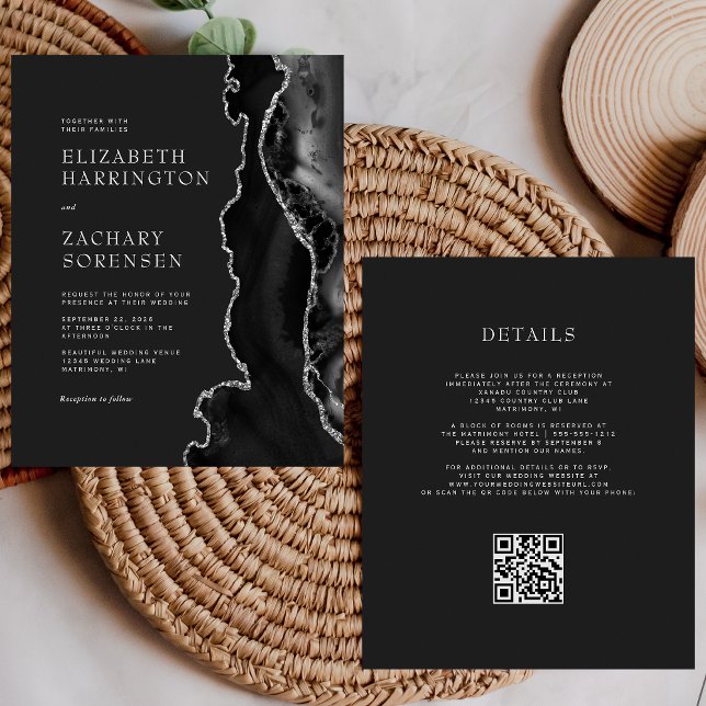 Papier Budget Black Agate Argent QR Code Mariage Invitati (Créateur téléchargé)