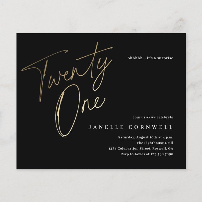 Papier Budget Black and Gold 21st Birthday Invitation (Devant)