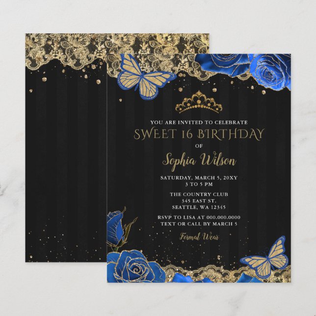 Papier Budget Black Blue Roses dentelle douce 16 Invitati (Devant / Derrière)