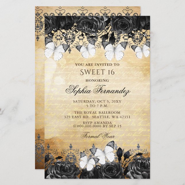 Papier Budget Black Butterfly Sweet 16 Invitation (Devant / Derrière)