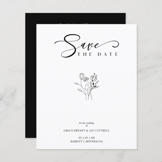 Papier Budget Black Chic Trendy Wedding Wildflowers (Devant / Derrière)