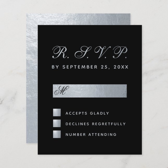Papier Budget Black Faux Silver Calligraphie Mariage RSVP (Devant / Derrière)
