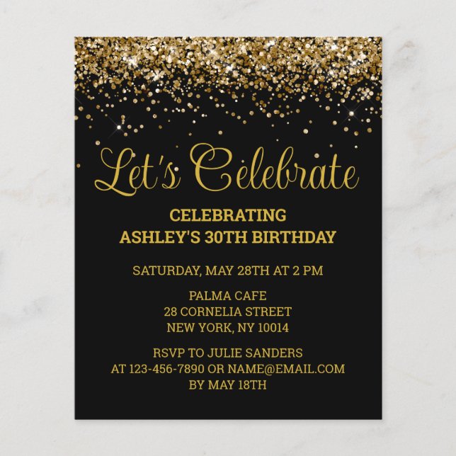 Papier Budget Black & Gold 30th Birthday Party Invitation (Devant)