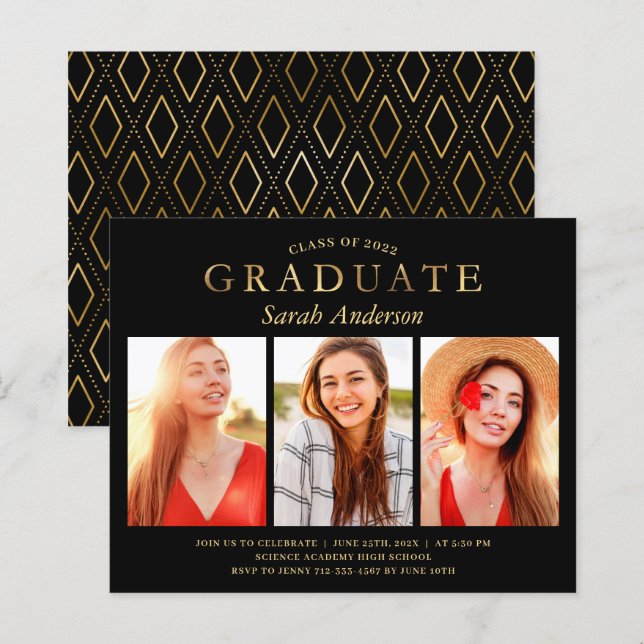 Papier Budget Black Gold 3 Photo Graduation Celebration (Devant / Derrière)