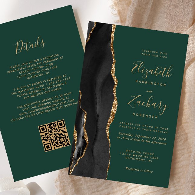 Papier Budget Black Gold Agate Dark Green QR Code Mariage (Créateur téléchargé)