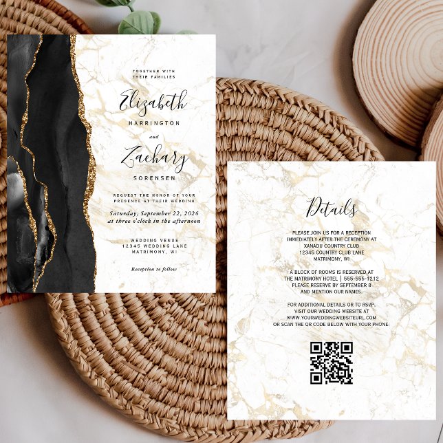 Papier Budget Black Gold Agate Marble QR Code Wedding (Créateur téléchargé)