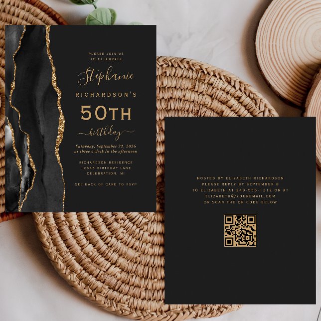 Papier Budget Black Gold Agate QR Code 50e anniversaire (Créateur téléchargé)
