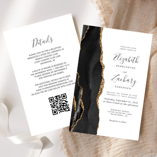 Papier Budget Black Gold Agate QR Code Mariage Invitation (Créateur téléchargé)