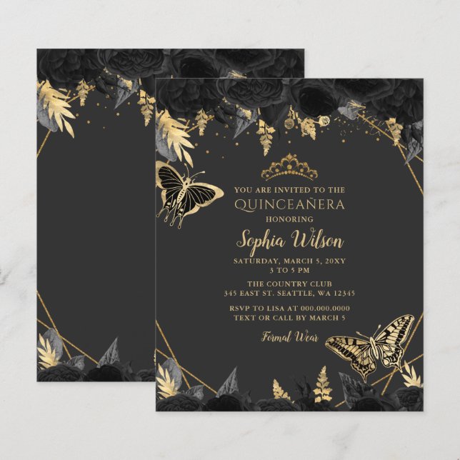Papier Budget Black Gold Butterfly Quinceañera Invitation (Devant / Derrière)