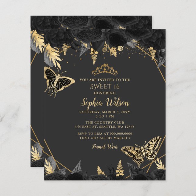 Papier Budget Black Gold Butterfly SWEET 16 Invitation (Devant / Derrière)