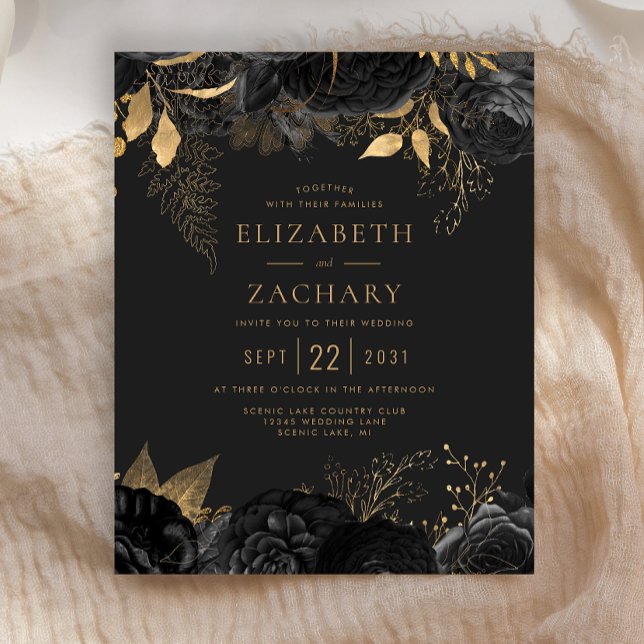 Papier Budget Black Gold Floral Dark Wedding Invitation (Créateur téléchargé)
