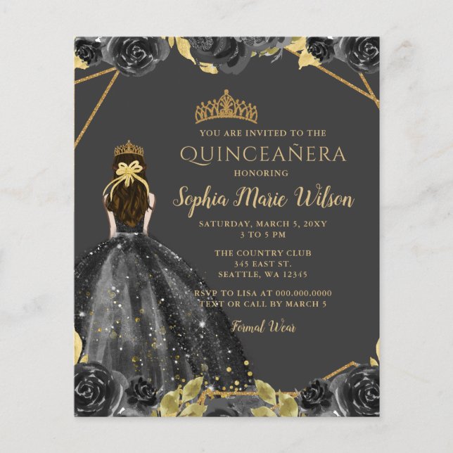 Papier Budget Black Gold Floral Princesse Quinceañera (Devant)