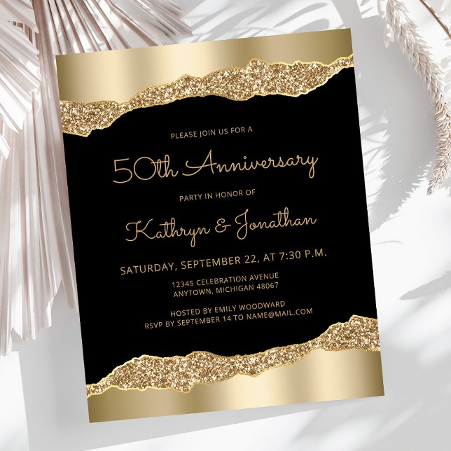 Papier Budget Black Gold Glitter 50th Anniversary Invite (Créateur téléchargé)