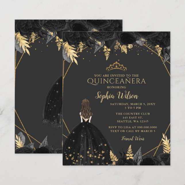 Papier Budget Black Gold Princesse Quinceañera Invitation (Devant / Derrière)