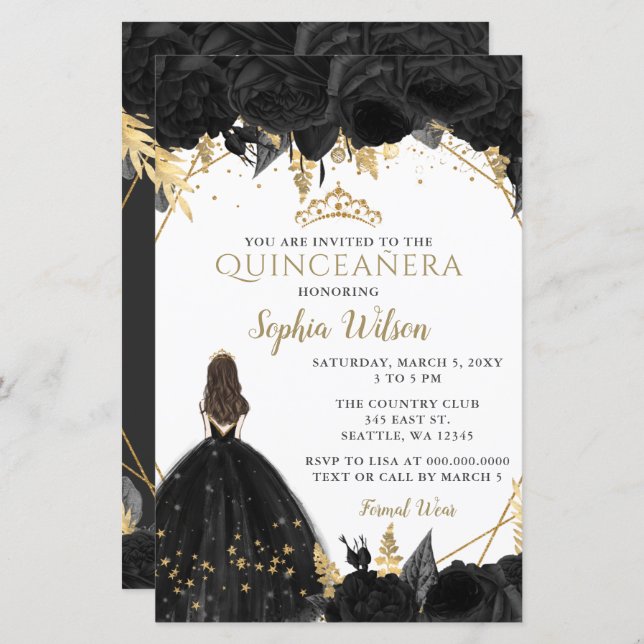 Papier Budget Black Gold Princesse Quinceañera Invitation (Devant / Derrière)