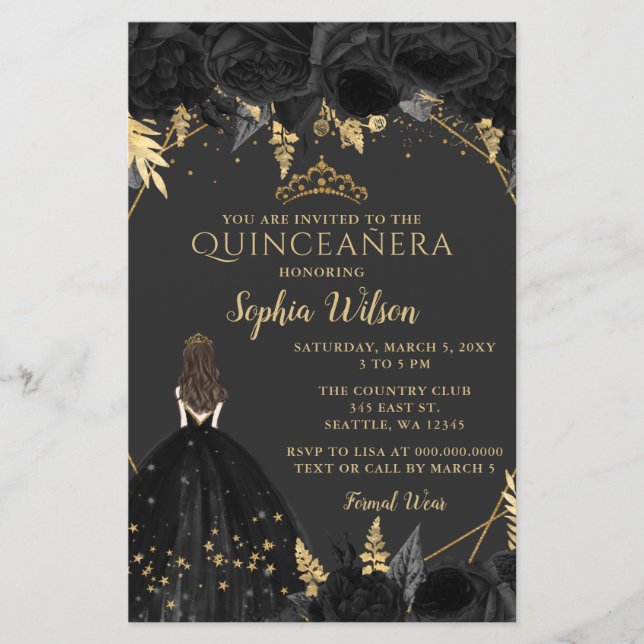 Papier Budget Black Gold Princesse Quinceañera Invitation (Devant)