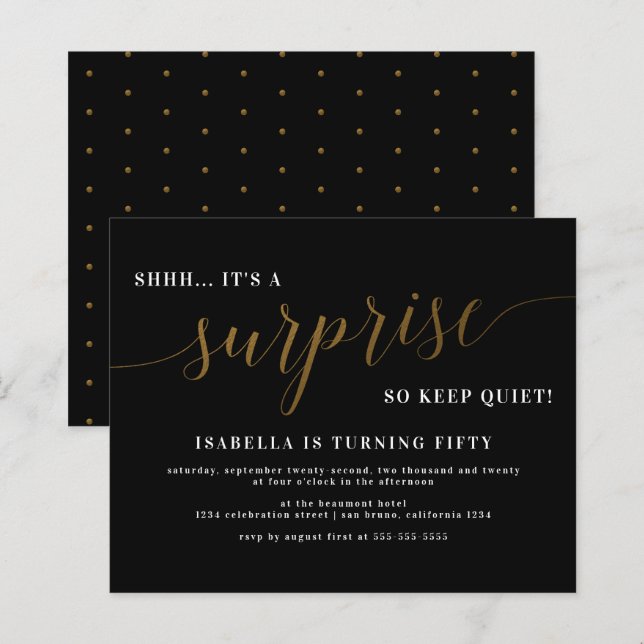 Papier Budget Black & Gold Script Surprise fête d'anniver (Devant / Derrière)