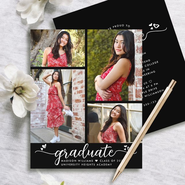 Papier Budget Black Graduation 4 Photo Script Invitation (Créateur téléchargé)