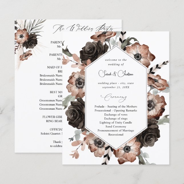 Papier Budget Black & Natural Floral Boho Wedding Program (Devant / Derrière)