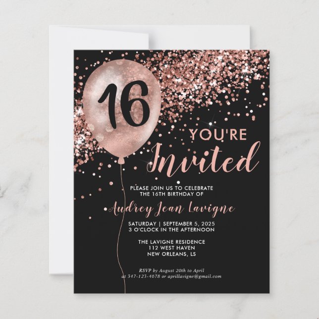Papier Budget Black Rose Gold Balloon Sweet 16e anniversa (Devant)
