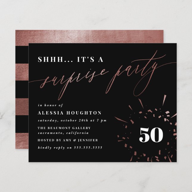 Papier Budget Black & Rose Gold Script Surprise Party (Devant / Derrière)