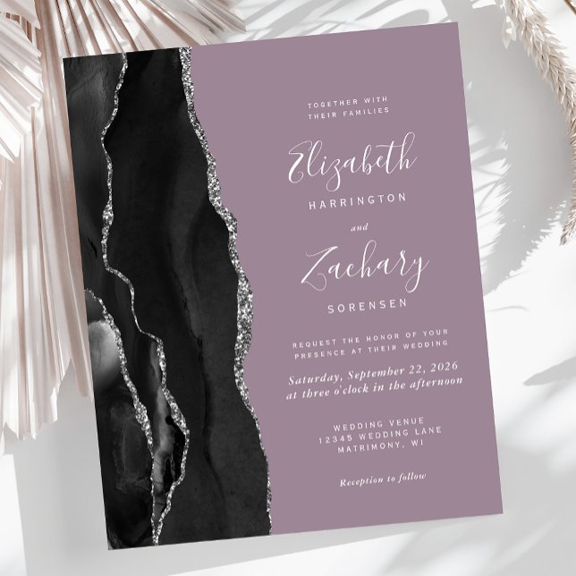 Papier Budget Black Silver Agate Mauve Faire-part de mari (Créateur téléchargé)