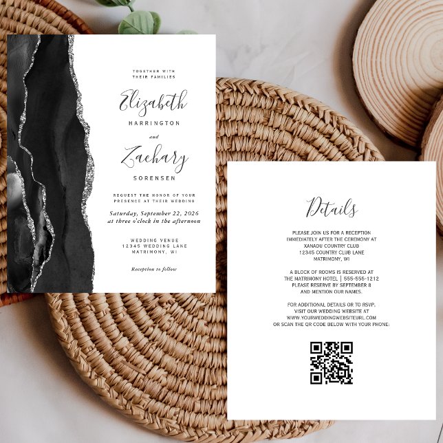 Papier Budget Black Silver Agate QR Code Mariage Invitati (Créateur téléchargé)