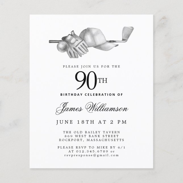 Papier Budget Black White Golf 90e anniversaire Invitatio (Devant)