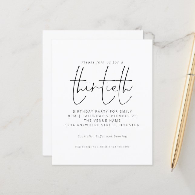 Papier Budget Black White Script 30th Birthday Invitation (Devant/Arrière en situation)