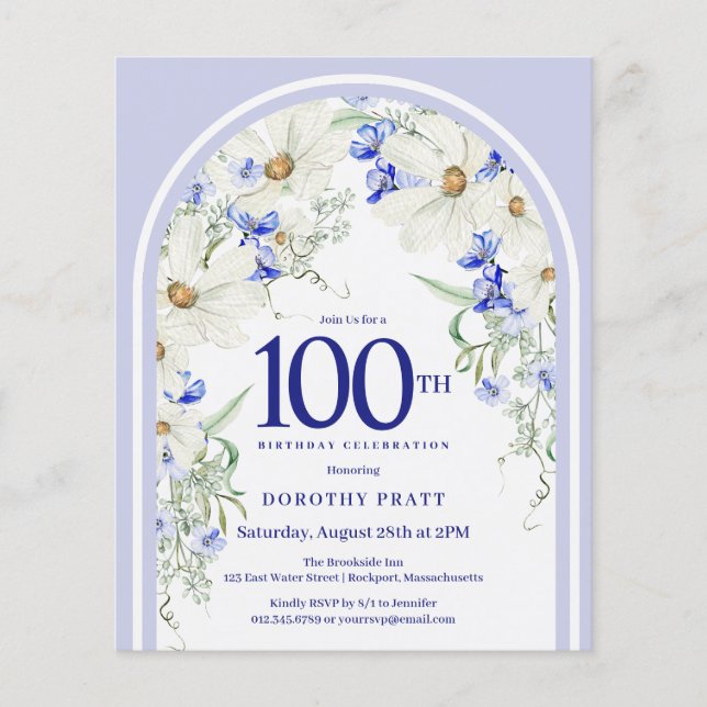 Papier Budget Blanc Bleu Floral 100e anniversaire Invitat (Devant)