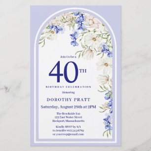 Papier Budget Blanc Bleu Floral 40e Anniversaire Invitati