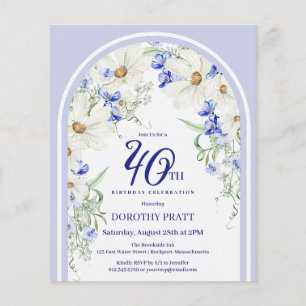 Papier Budget Blanc Bleu Floral 40e Anniversaire Invitati