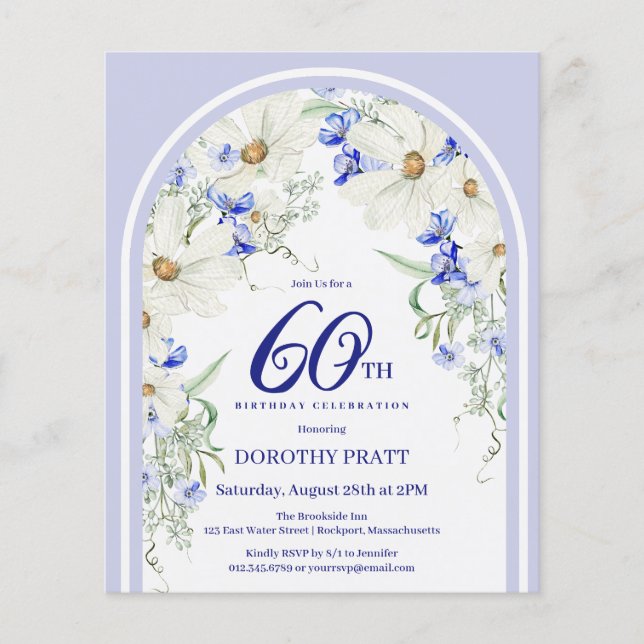 Papier Budget Blanc Bleu Floral 60e Anniversaire Invitati (Devant)