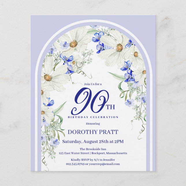Papier Budget Blanc Bleu Floral 90e anniversaire Invitati (Devant)