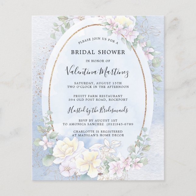 Papier Budget Blanc Floral Bleu Douche nuptiale Invitatio (Devant)