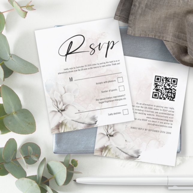 Papier Budget Blanc Floral QR Code Mariage RSVP (Créateur téléchargé)