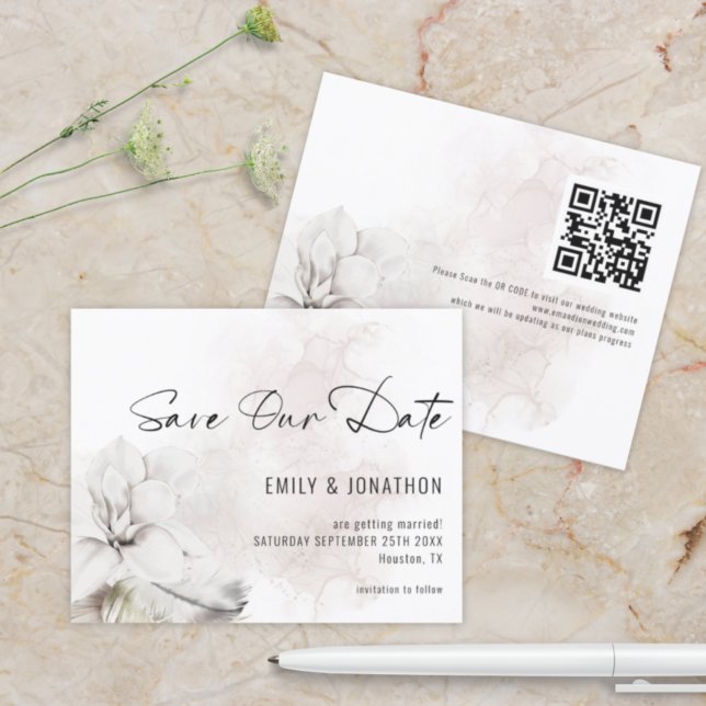 Papier Budget Blanc Flores Mariage QR Code Enregistrer no (Créateur téléchargé)