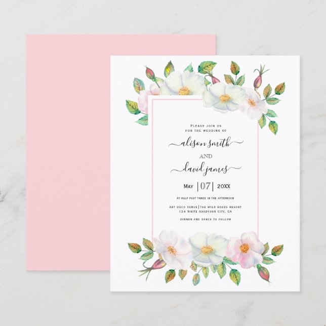 Papier BUDGET Blanc rose sauvage faire-part de mariage fl (Devant / Derrière)
