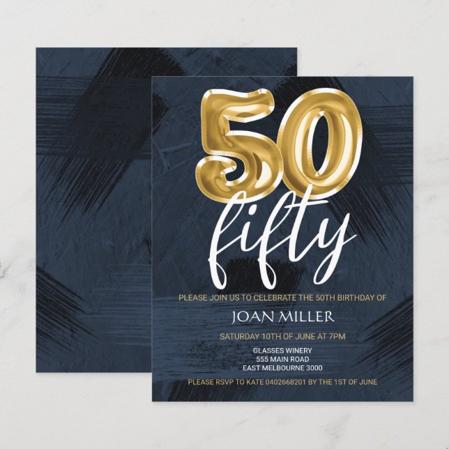 Papier BUDGET Bleu, Ballons d'or Invitation 50e anniversa (Devant / Derrière)